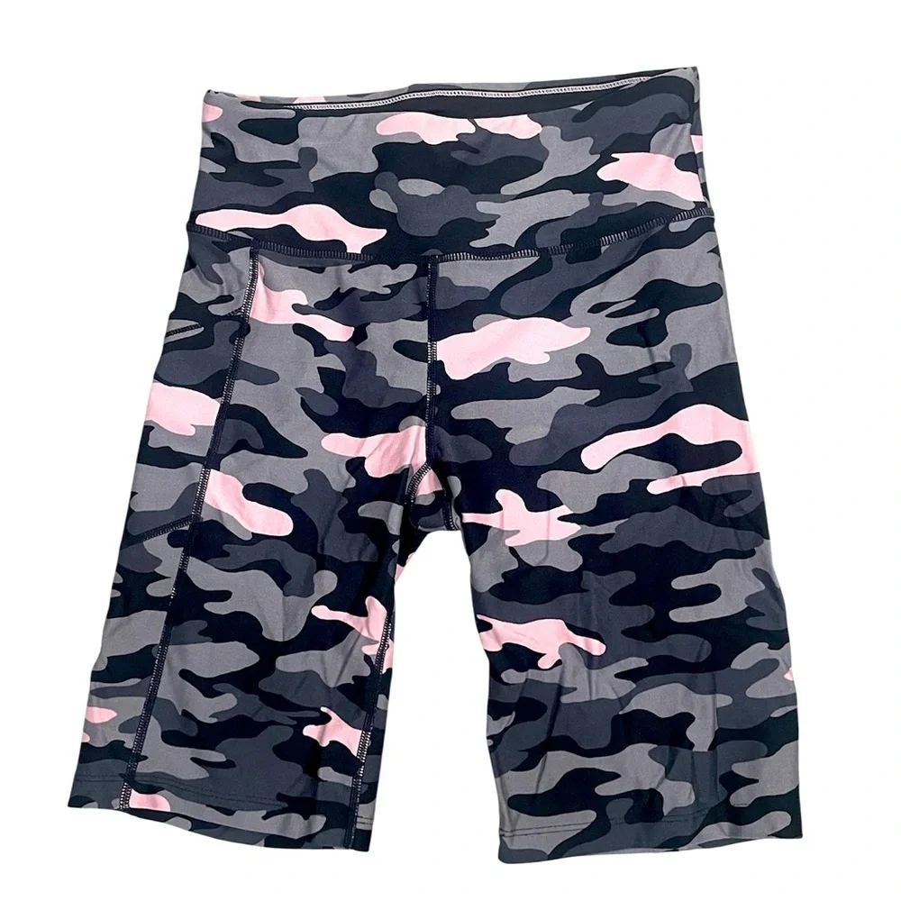 CALVIN KLEIN Pink Gray & Black Camo Print Stretch Biker Shorts Yoga Gym Size S - Picture 3 of 9